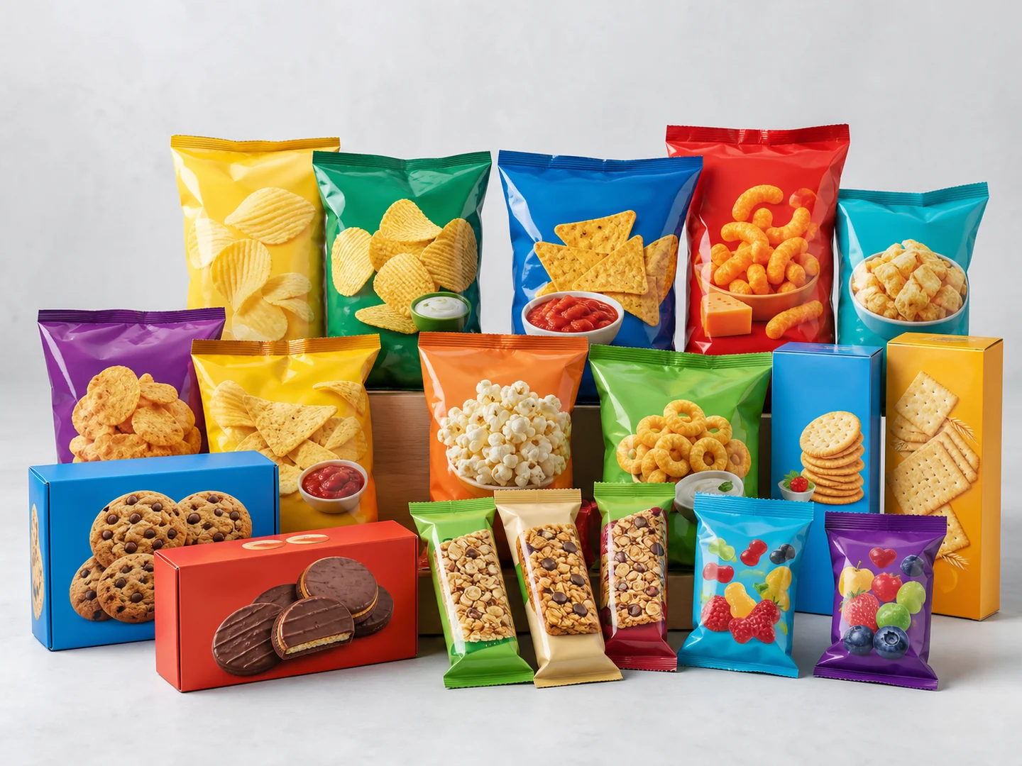 A colourful assortment of sealed snack packages